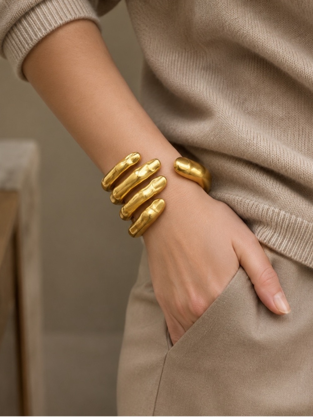 Sculptural Golden Hand Cuff Bracelet